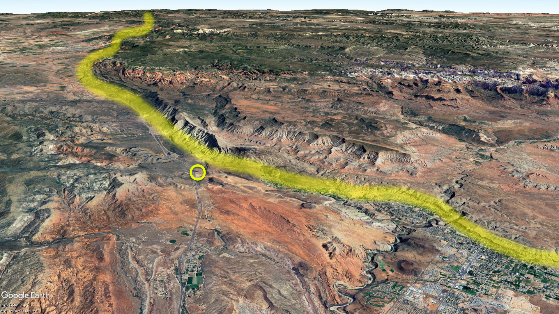 Location of Hurricane Fault - yellow circle marks location of Anderson Junction