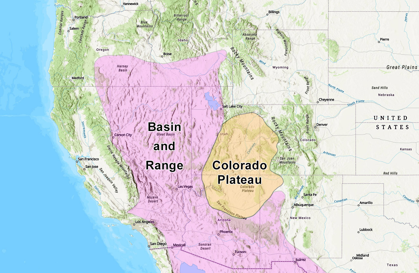 Location of Colorado Plateau and Basin & Range Provinces