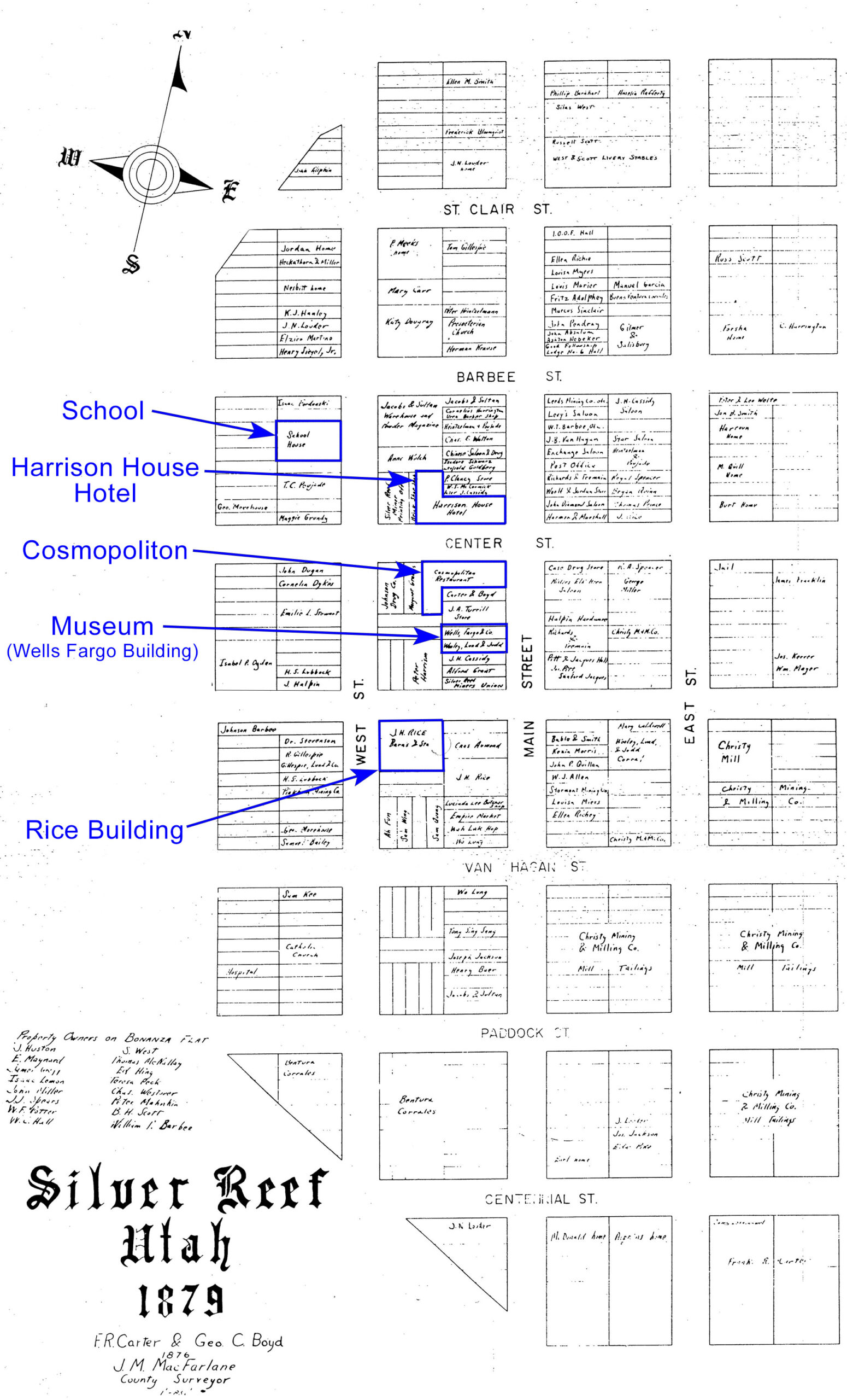 Tract map of downtown Silver Reef – captions point out common buildings