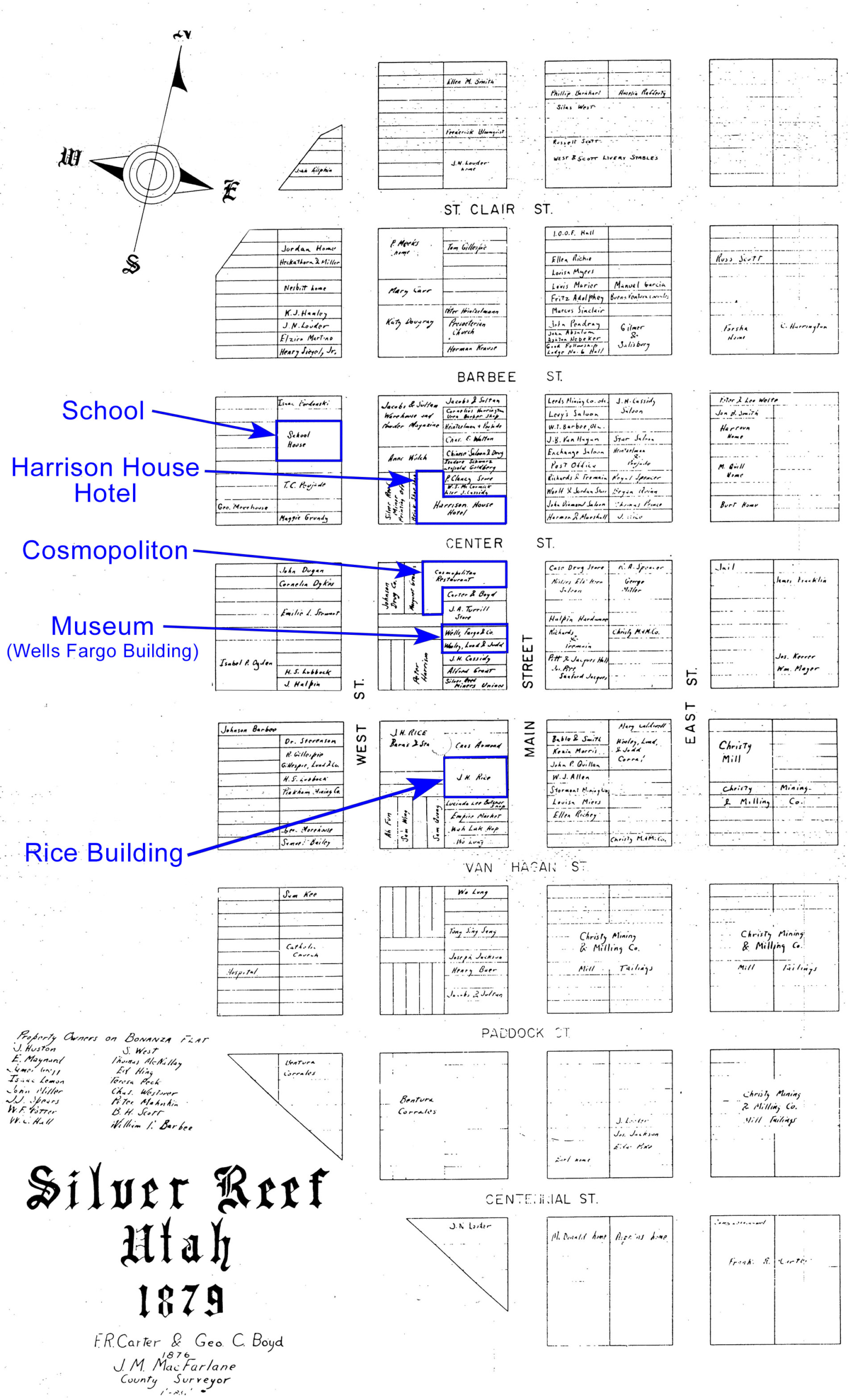 Tract map of downtown Silver Reef – captions point out common buildings